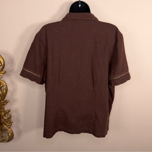 Vintage Large Classic Elements Brown Linen Blend Short Sleeve Button Up Top - Picture 5 of 13